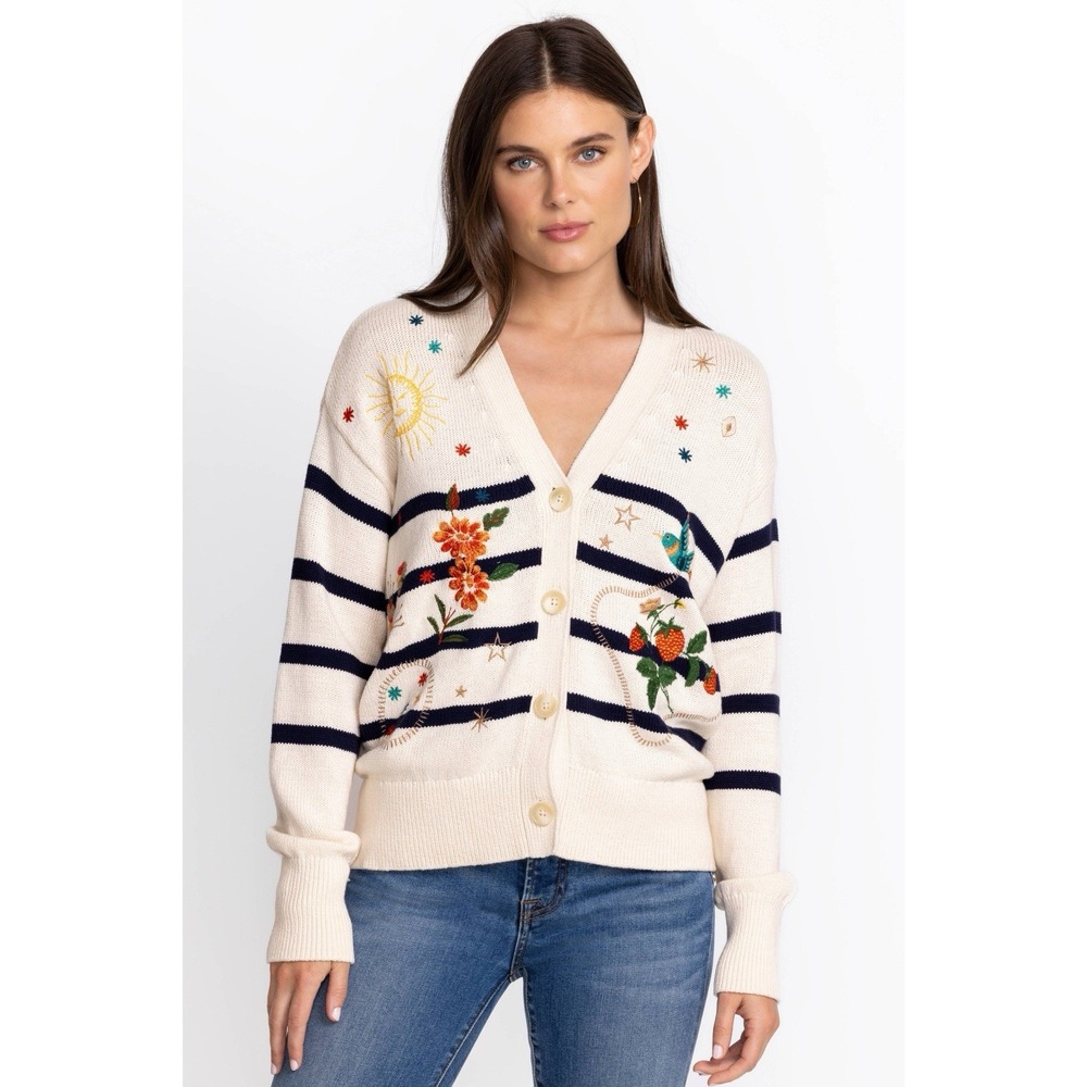 Johnny Was Lyonne Embroidered Cardigan Small Striped Floral Cotton Boho Prairie